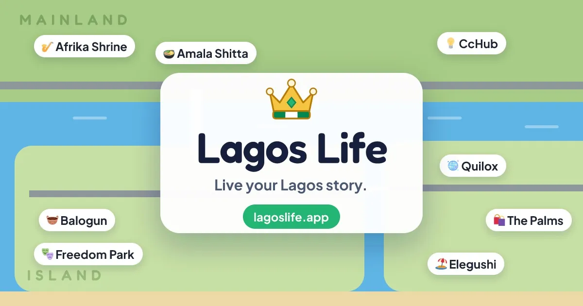 Official Lagos Life brand card showing lagoslife.app with map labels for Amala Shitta, Quilox and Balogun